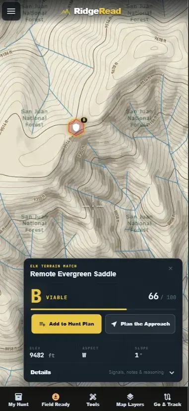 RidgeRead ranked terrain match and approach on a mobile screen